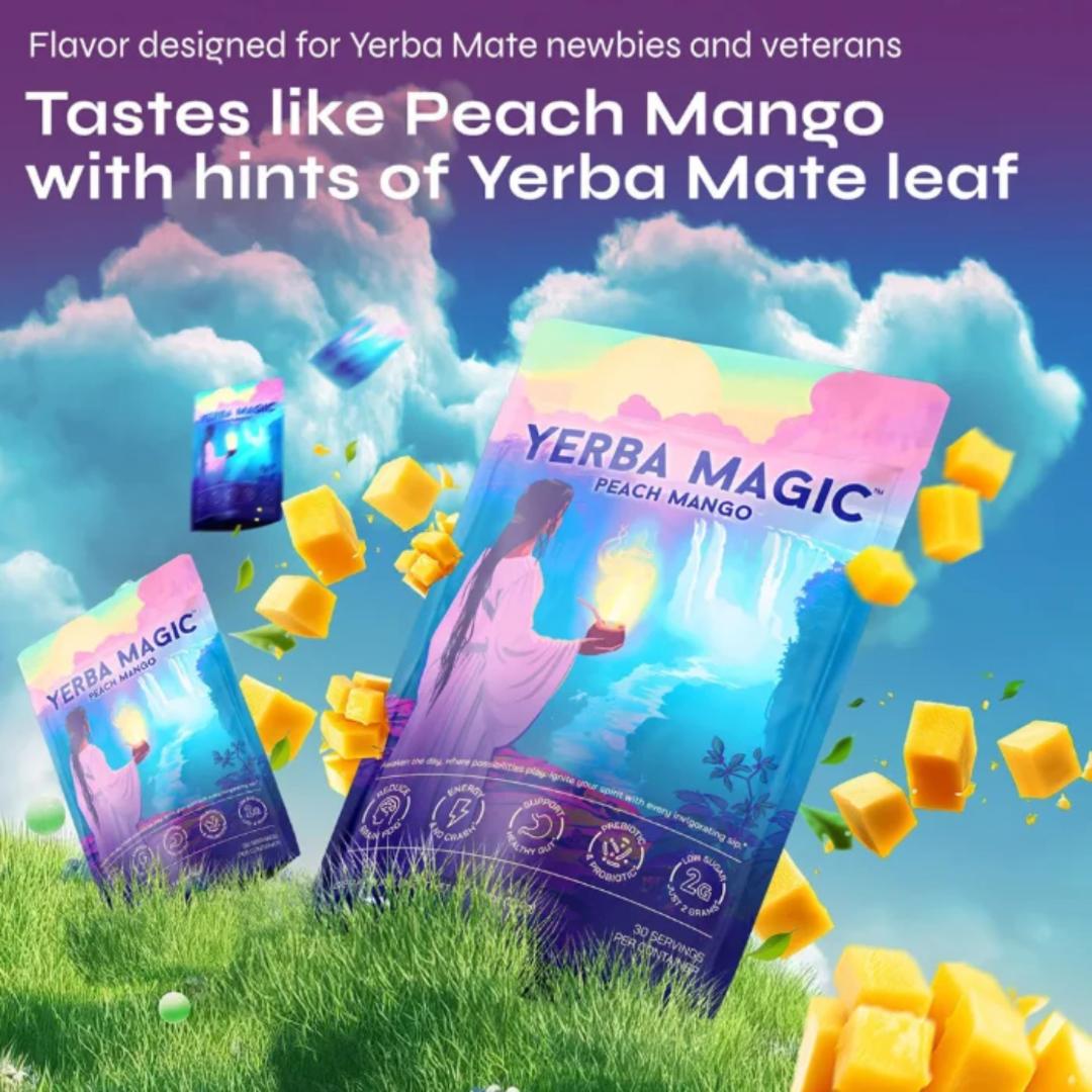 YERBA MATE PEACH & MANGO 300G – NATURAL ENERGY POWDER WITH L-THEANINE & LION'S MANE, PREBIOTICS, PROBIOTICS & 300MG CAFFEINE FOR MENTAL FOCUS & GUT HEALTH, DIGESTION.