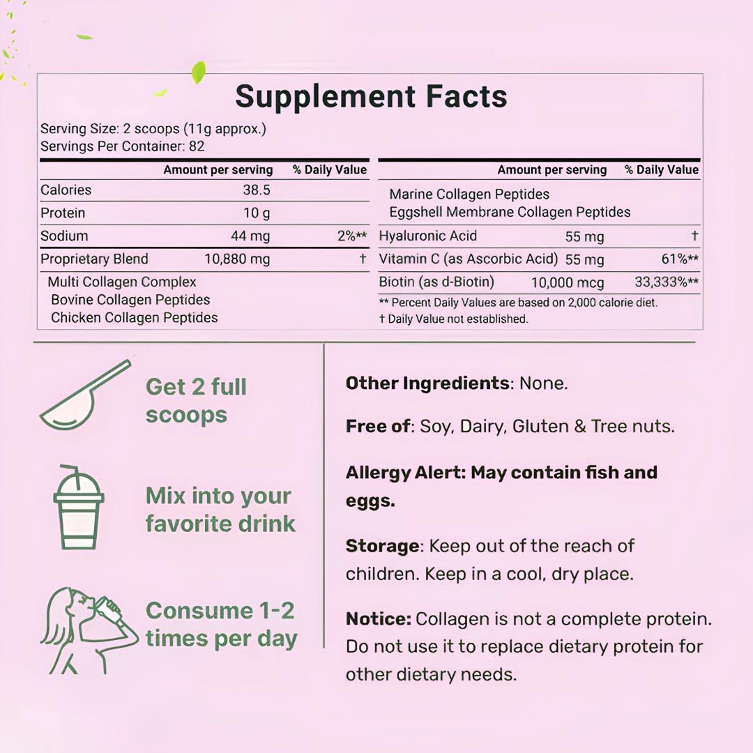 HYDROLYZED MULTI COLLAGEN PEPTIDES POWDER TYPES I, II, III, V, X – SKIN, HAIR & NAILS SUPPORT WITH BIOTIN, VITAMIN C & HYALURONIC ACID (907G) UNFLAVORED