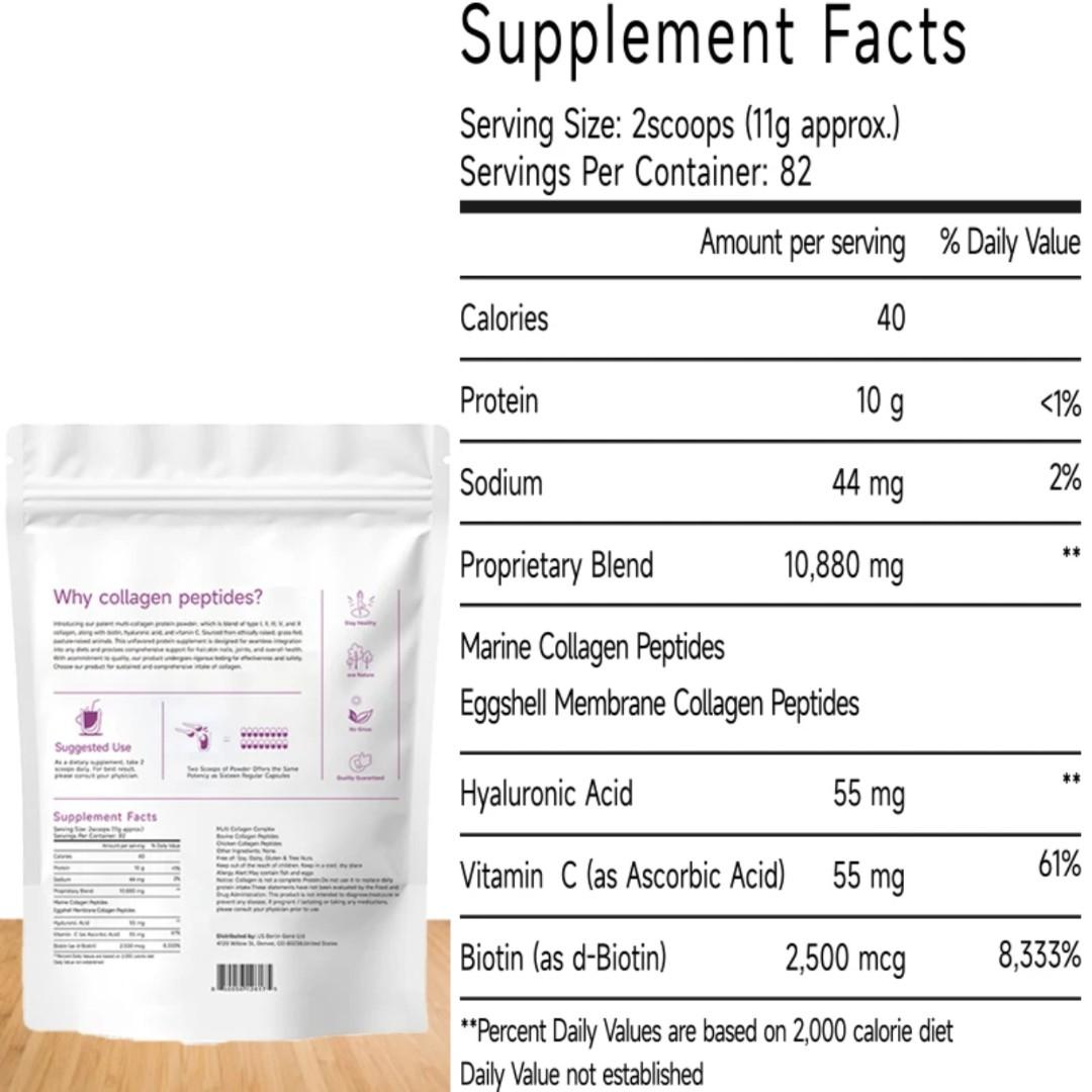 HYDROLYZED MULTI COLLAGEN PEPTIDES POWDER TYPES I, II, III, V, X – SKIN, HAIR & NAILS SUPPORT WITH BIOTIN, VITAMIN C & HYALURONIC ACID (907G) UNFLAVORED