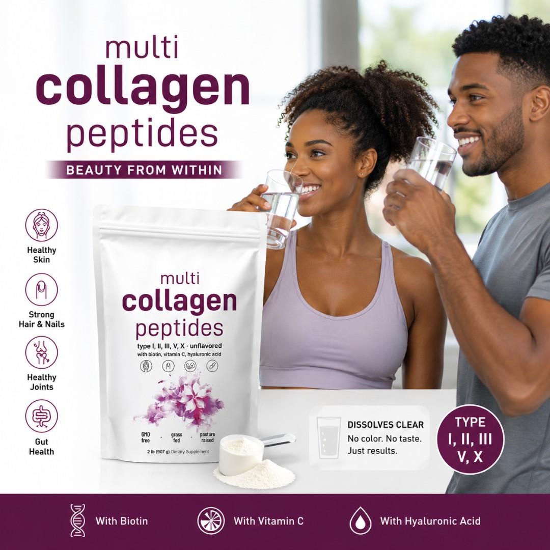 HYDROLYZED MULTI COLLAGEN PEPTIDES POWDER TYPES I, II, III, V, X – SKIN, HAIR & NAILS SUPPORT WITH BIOTIN, VITAMIN C & HYALURONIC ACID (907G) UNFLAVORED