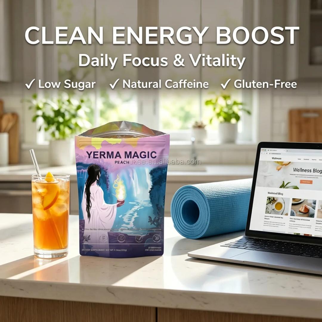 YERBA MATE PEACH & MANGO 300G – NATURAL ENERGY POWDER WITH L-THEANINE & LION'S MANE, PREBIOTICS, PROBIOTICS & 300MG CAFFEINE FOR MENTAL FOCUS & GUT HEALTH, DIGESTION.