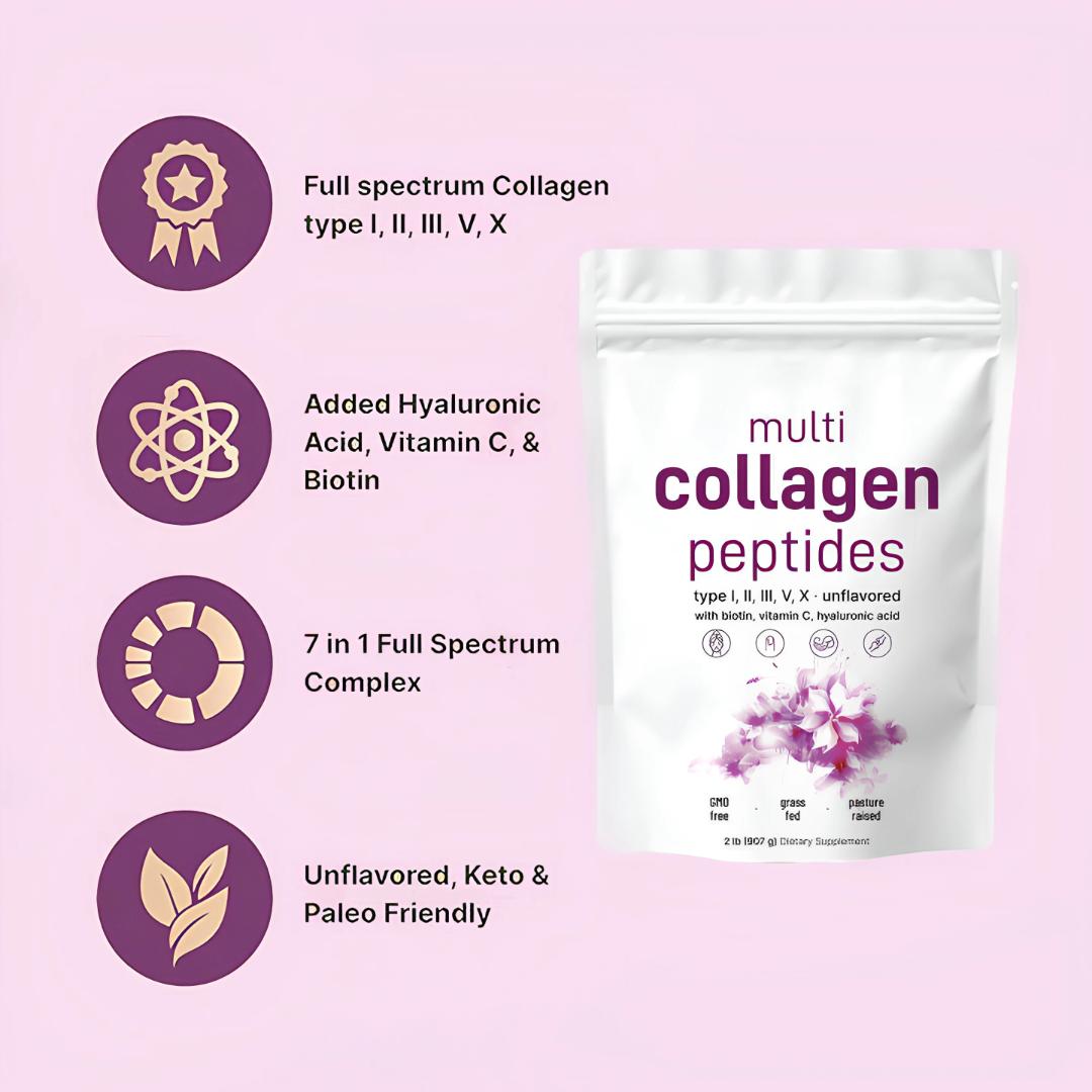 HYDROLYZED MULTI COLLAGEN PEPTIDES POWDER TYPES I, II, III, V, X – SKIN, HAIR & NAILS SUPPORT WITH BIOTIN, VITAMIN C & HYALURONIC ACID (907G) UNFLAVORED