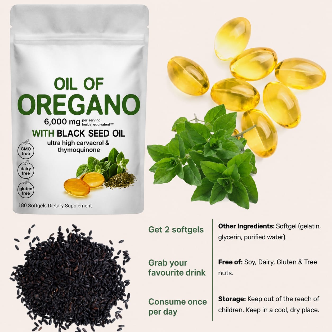 OIL OF OREGANO + BLACK SEED OIL CAPSULES - HIGH POTENCY CARVACROL 80%+ NATURAL EXTRACT IMMUNE SUPPORT. COLD & FLU RELIEF I NATURAL ANTIBACTERIAL & ANTIFUNGAL DIGESTIVE HEALTH & SINUS SUPPORT (180caps)