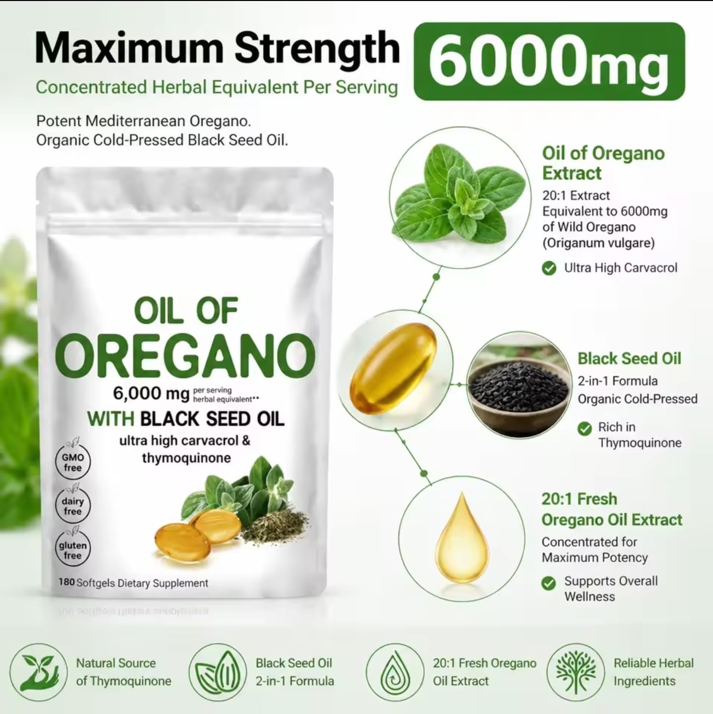 OIL OF OREGANO + BLACK SEED OIL CAPSULES - HIGH POTENCY CARVACROL 80%+ NATURAL EXTRACT IMMUNE SUPPORT. COLD & FLU RELIEF I NATURAL ANTIBACTERIAL & ANTIFUNGAL DIGESTIVE HEALTH & SINUS SUPPORT (180caps)
