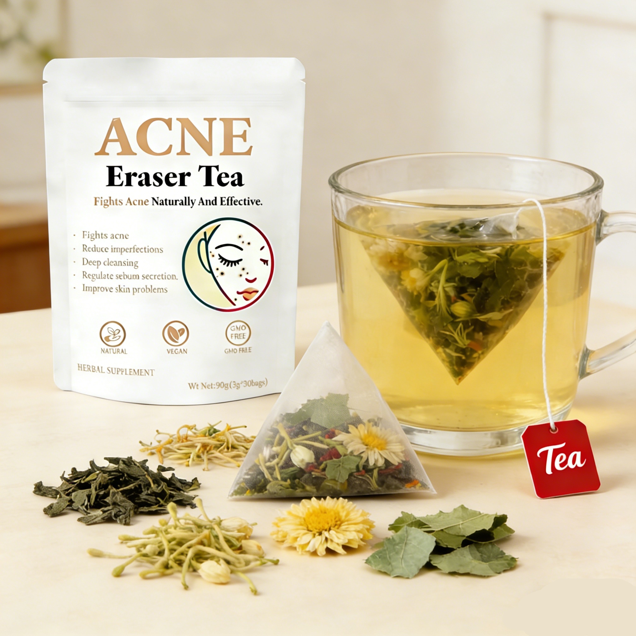 NATURAL ACNE ERASER TEA (20 LARGE 5G TEA BAGS) – PIMPLES, DARK SPOTS & HORMONAL BREAKOUT RELIEF, DEEP BLOOD PURIFYING SKIN GLOW TEA (CAFFEINE-FREE)