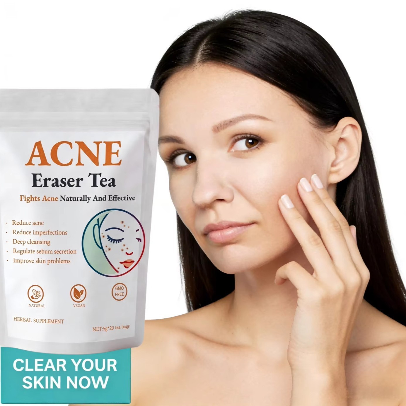NATURAL ACNE ERASER TEA (20 LARGE 5G TEA BAGS) – PIMPLES, DARK SPOTS & HORMONAL BREAKOUT RELIEF, DEEP BLOOD PURIFYING SKIN GLOW TEA (CAFFEINE-FREE)
