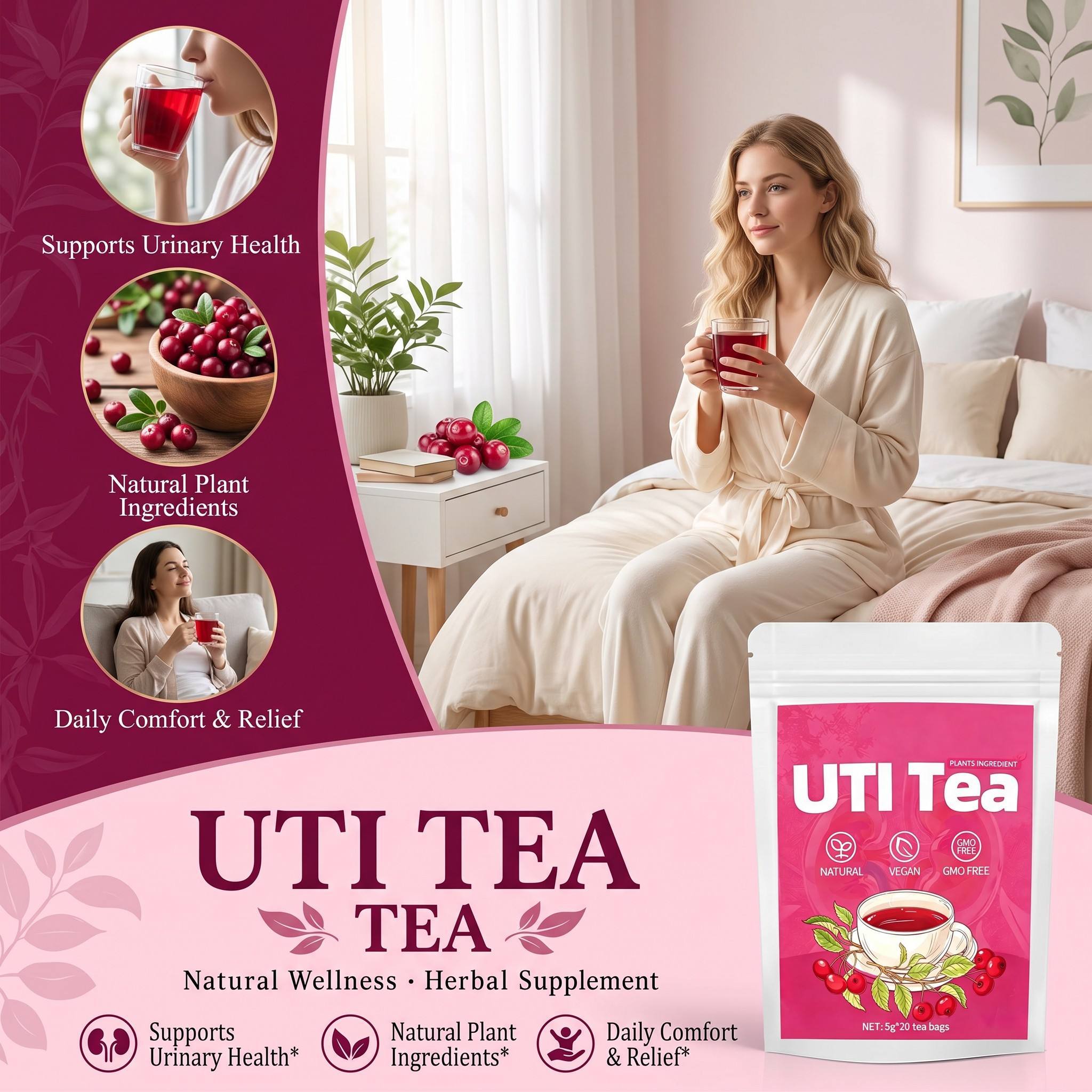 NATURAL CRANBERRY UTI DETOX TEA (20 LARGE 5G TEA BAGS) – URINARY TRACT SUPPORT, BLADDER CLEANSE & KIDNEY FLUSH HERBAL WELLNESS INFUSION (CAFFEINE-FREE)