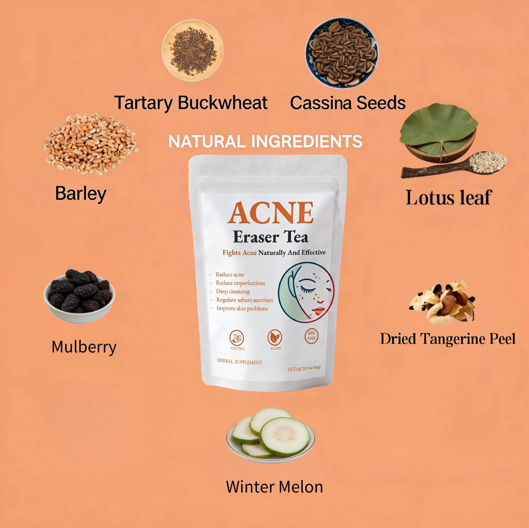NATURAL ACNE ERASER TEA (20 LARGE 5G TEA BAGS) – PIMPLES, DARK SPOTS & HORMONAL BREAKOUT RELIEF, DEEP BLOOD PURIFYING SKIN GLOW TEA (CAFFEINE-FREE)