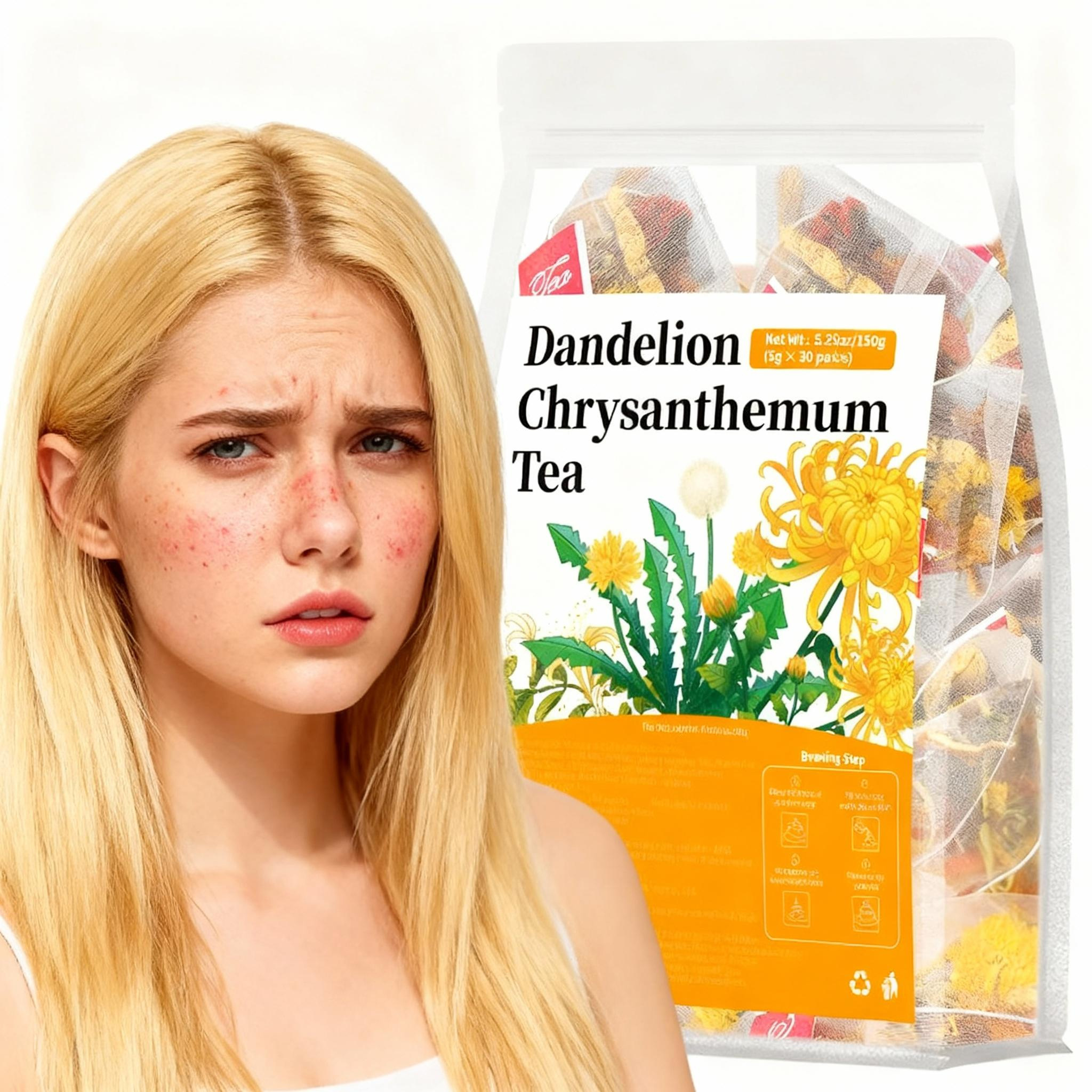 Dandelion Chrysanthemum Tea 150g (30 Packs) – Natural Lymphatic Drainage, Liver Detox, Anti-Bloating & Clear Skin Herbal Tea Bag