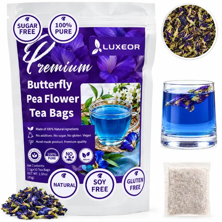 PREMIUM BLUE BUTTERFLY PEA FLOWER TEA (30 TEA BAGS) – NATURAL ANTIOXIDANT BLUE TEA FOR GLOWING SKIN, HAIR GROWTH & ANTI-AGING DETOX CHANGES COLOR TO PURPLE WHEN YOU SQUEEZ IN LEMON JUICE (SUGAR-FREE)