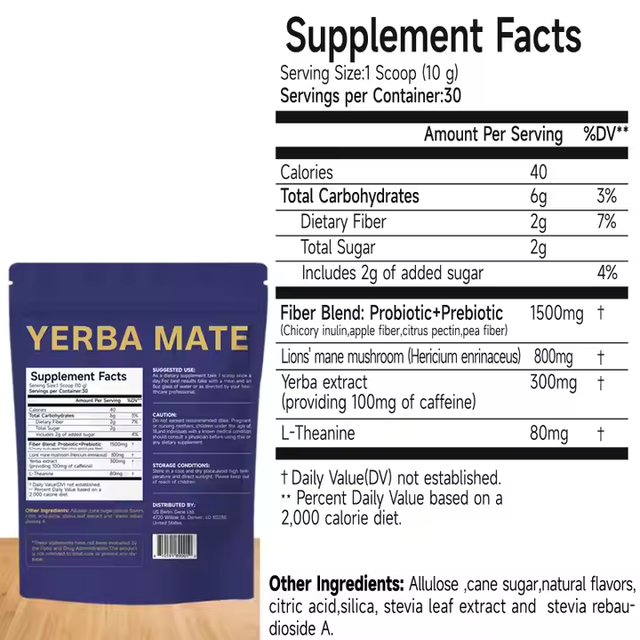YERBA MATE PEACH & MANGO 300G – NATURAL ENERGY POWDER WITH L-THEANINE & LION'S MANE, PREBIOTICS, PROBIOTICS & 300MG CAFFEINE FOR MENTAL FOCUS & GUT HEALTH, DIGESTION.