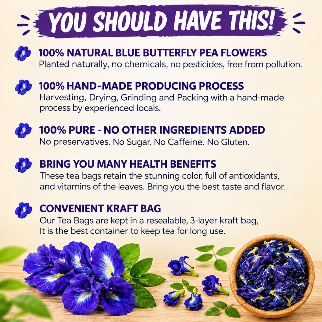 PREMIUM BLUE BUTTERFLY PEA FLOWER TEA (30 TEA BAGS) – NATURAL ANTIOXIDANT BLUE TEA FOR GLOWING SKIN, HAIR GROWTH & ANTI-AGING DETOX CHANGES COLOR TO PURPLE WHEN YOU SQUEEZ IN LEMON JUICE (SUGAR-FREE)