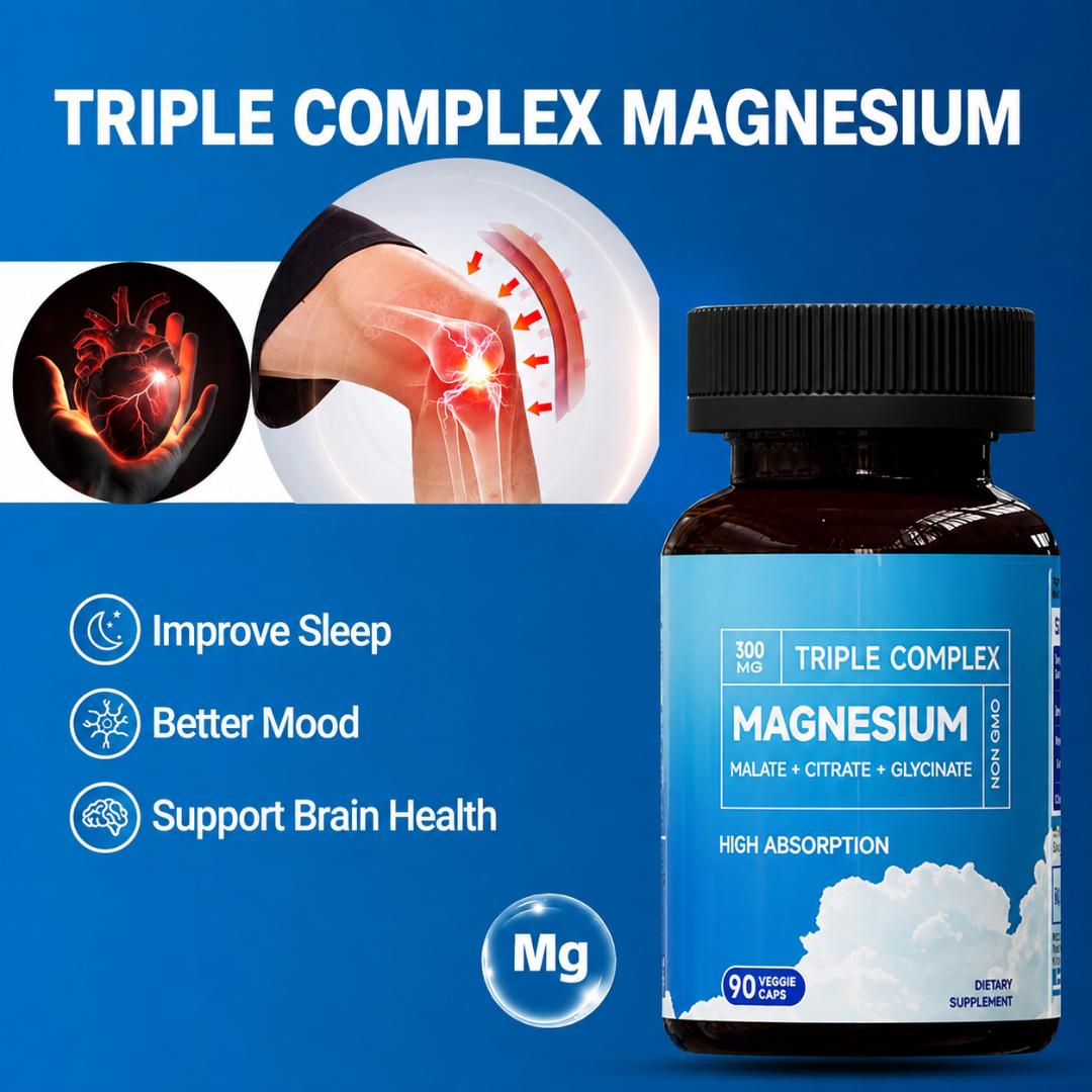 TRIPLE COMPLEX MAGNESIUM 300MG - MALATE, CITRATE, GLYCINATE - HIGH ABSORPTION SUPPLEMENT FOR SLEEP, MUSCLE RELIEF & ENERGY - 90 CAPSULES