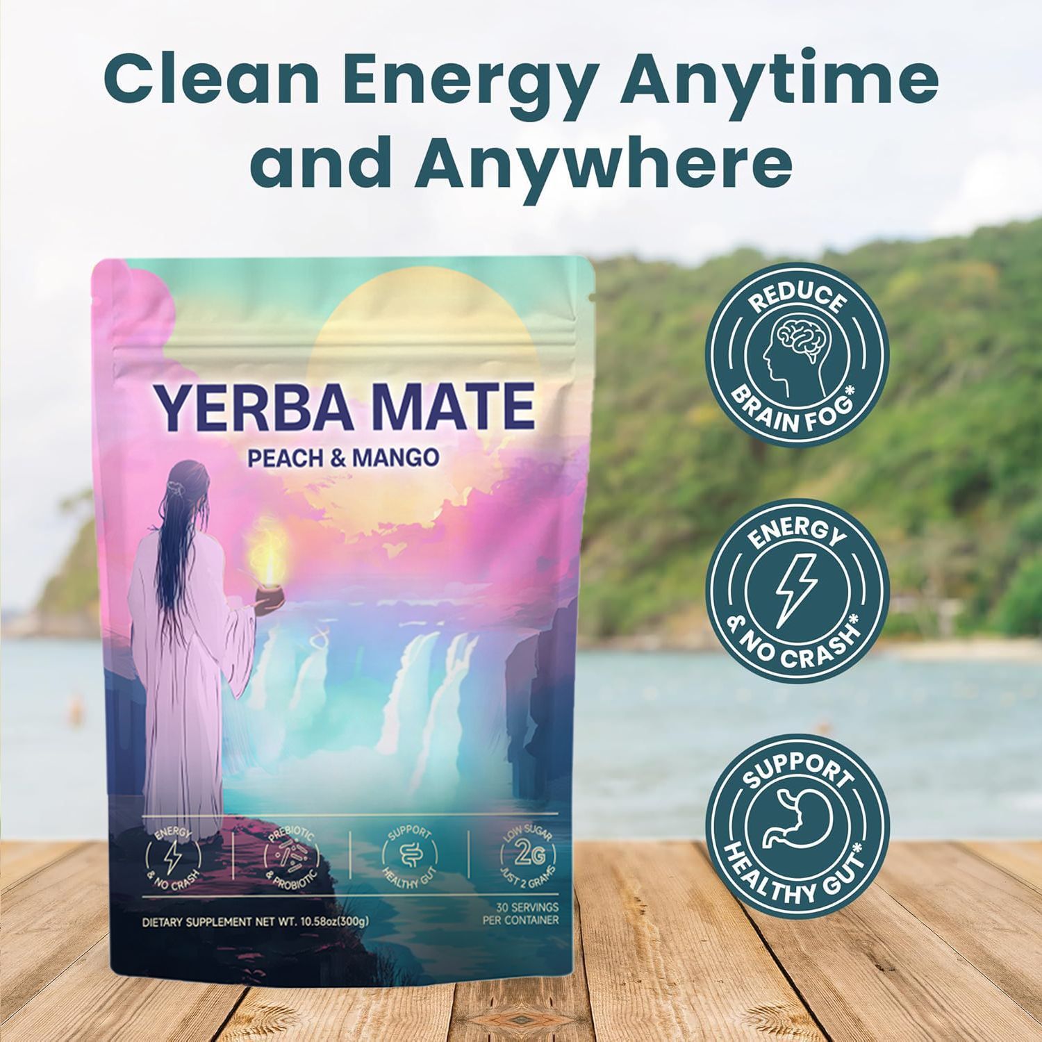 YERBA MATE PEACH & MANGO 300G – NATURAL ENERGY POWDER WITH L-THEANINE & LION'S MANE, PREBIOTICS, PROBIOTICS & 300MG CAFFEINE FOR MENTAL FOCUS & GUT HEALTH, DIGESTION.