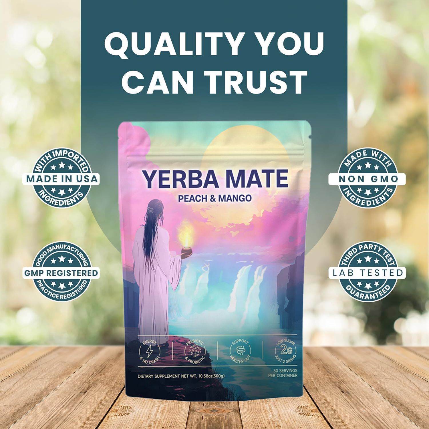 YERBA MATE PEACH & MANGO 300G – NATURAL ENERGY POWDER WITH L-THEANINE & LION'S MANE, PREBIOTICS, PROBIOTICS & 300MG CAFFEINE FOR MENTAL FOCUS & GUT HEALTH, DIGESTION.
