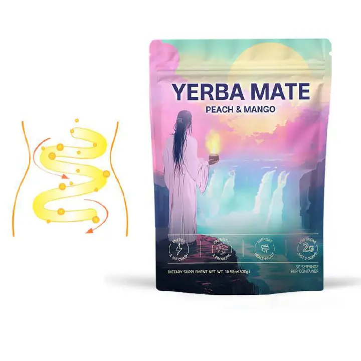 YERBA MATE PEACH & MANGO 300G – NATURAL ENERGY POWDER WITH L-THEANINE & LION'S MANE, PREBIOTICS, PROBIOTICS & 300MG CAFFEINE FOR MENTAL FOCUS & GUT HEALTH, DIGESTION.