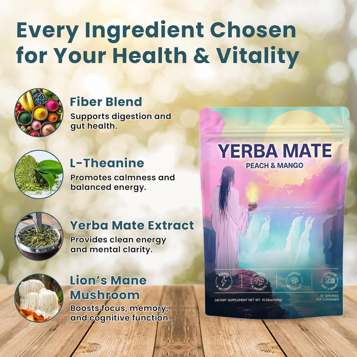 YERBA MATE PEACH & MANGO 300G – NATURAL ENERGY POWDER WITH L-THEANINE & LION'S MANE, PREBIOTICS, PROBIOTICS & 300MG CAFFEINE FOR MENTAL FOCUS & GUT HEALTH, DIGESTION.