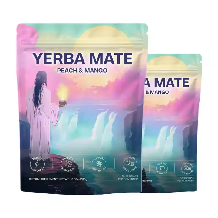 YERBA MATE PEACH & MANGO 300G – NATURAL ENERGY POWDER WITH L-THEANINE & LION'S MANE, PREBIOTICS, PROBIOTICS & 300MG CAFFEINE FOR MENTAL FOCUS & GUT HEALTH, DIGESTION.