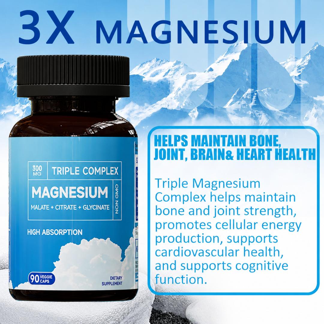 TRIPLE COMPLEX MAGNESIUM 300MG - MALATE, CITRATE, GLYCINATE - HIGH ABSORPTION SUPPLEMENT FOR SLEEP, MUSCLE RELIEF & ENERGY - 90 CAPSULES