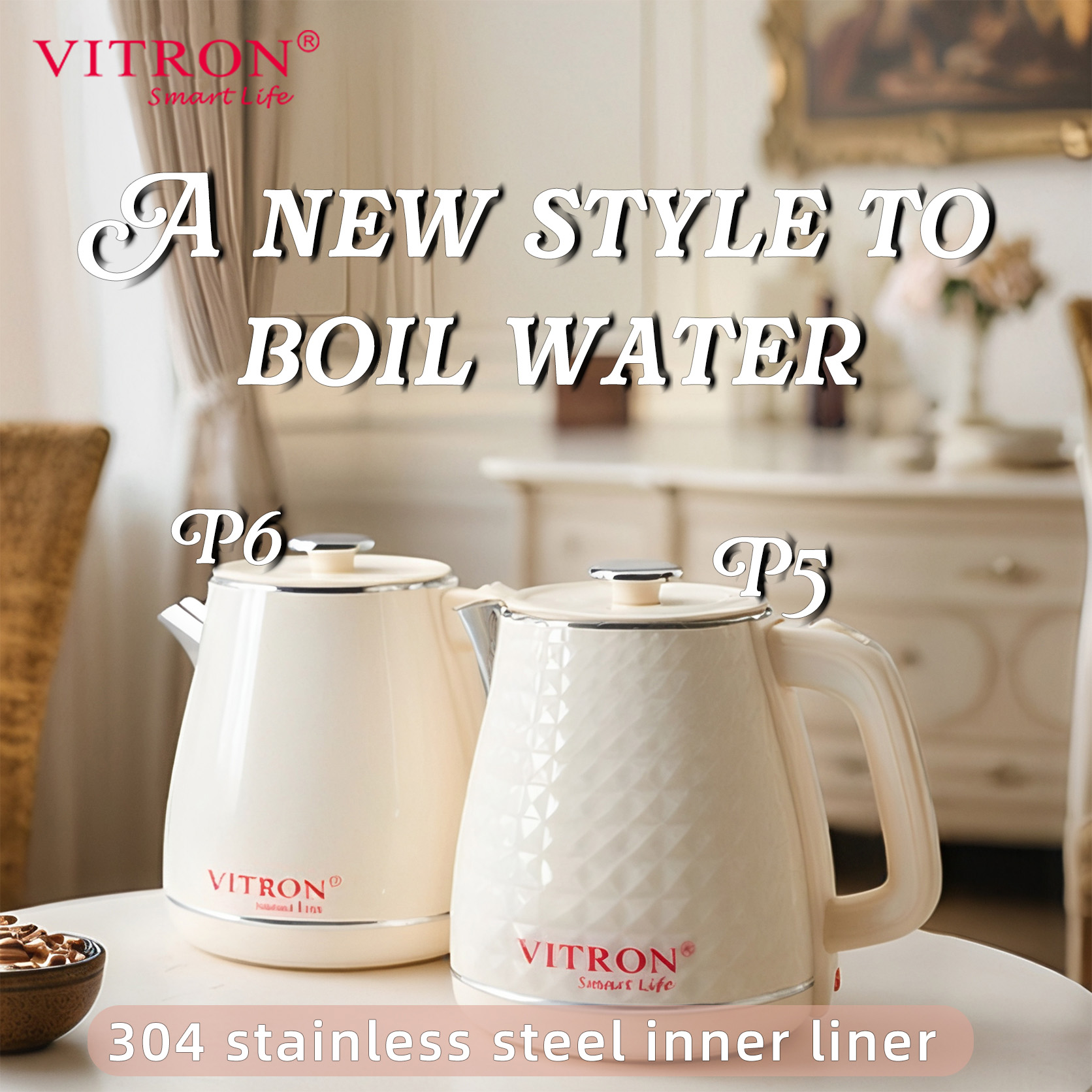 VITRON 2L 1500W Electric Kettle Heater Jug 304 Stainless Steel Double Wall Insulation Cordless Embossed Design P5 P6
