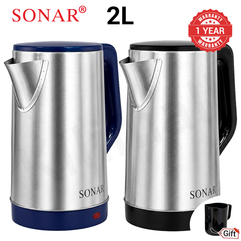 Sonar 2L 1500W Stainless Steel Electric Kettle with 1.5M Fused Power Cord Energy Efficient Heater Jug Cordless Electric Kettle SR-X2