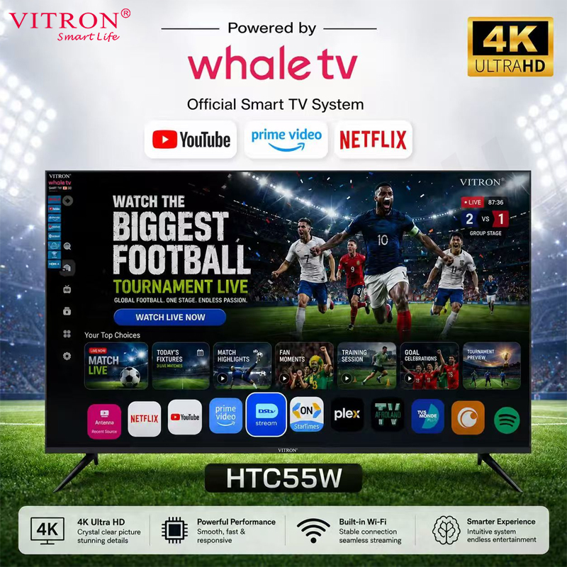 Vitron 55 Inch Smart TV 4K UHD TV HTC55W Whale OS System HDR10 LED TV Built-in Youtube Netflix Prime Video Wi-Fi Frameless TV Voice Control 2026 New Model