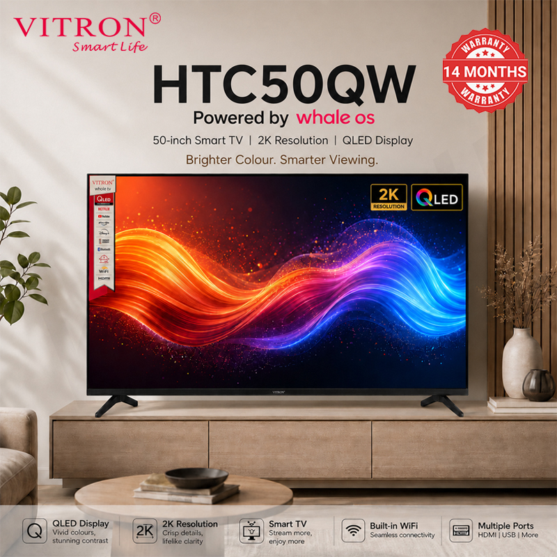 Vitron 50 Inch 2K Whale Smart TV Frameless QLED Television with Bluetooth Netflix Youtube HTC50QW Dual Voice Assistants 2026 New Model
