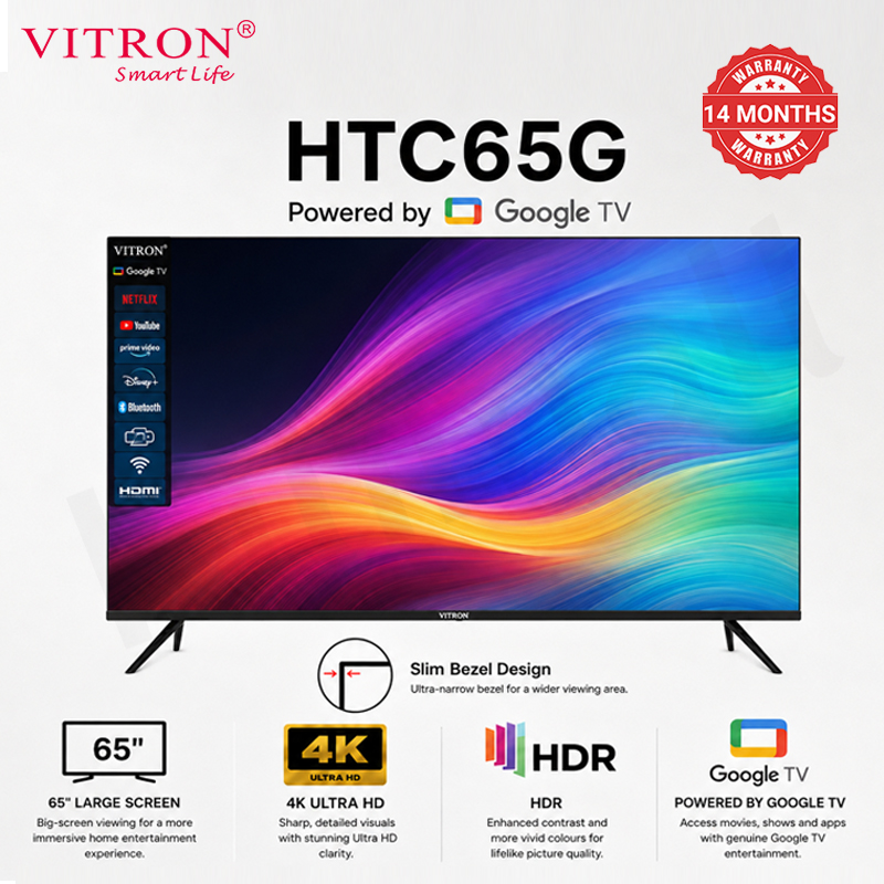 Vitron 65 Inch Smart TV 4K Ultra HD + HDR Television Slim Bezel Google TV with Youtube Netflix Icast HTC65G