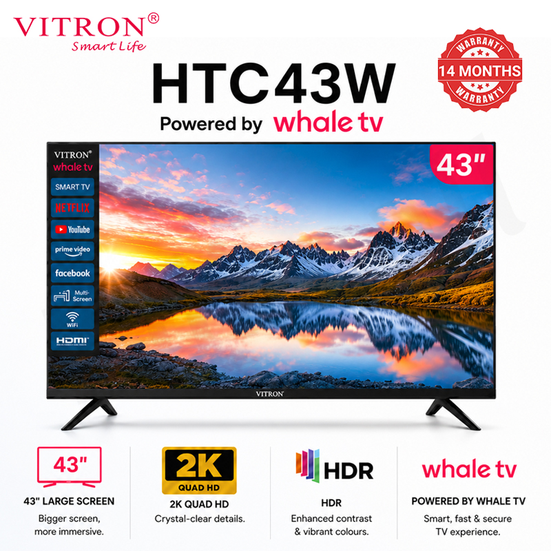 Vitron 43 inch Whale OS Smart TV HTC43W 2K QUAD HD LED TV WIFI Enabled Bluetooth Connectivity Frameless Television with Netflix Youtube 2026 New Model