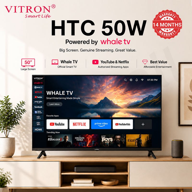 Vitron 50 Inch 2K Whale Smart TV Frameless LED Television with Bluetooth Netflix Youtube HTC50W Dual Voice Assistants 2026 New Model