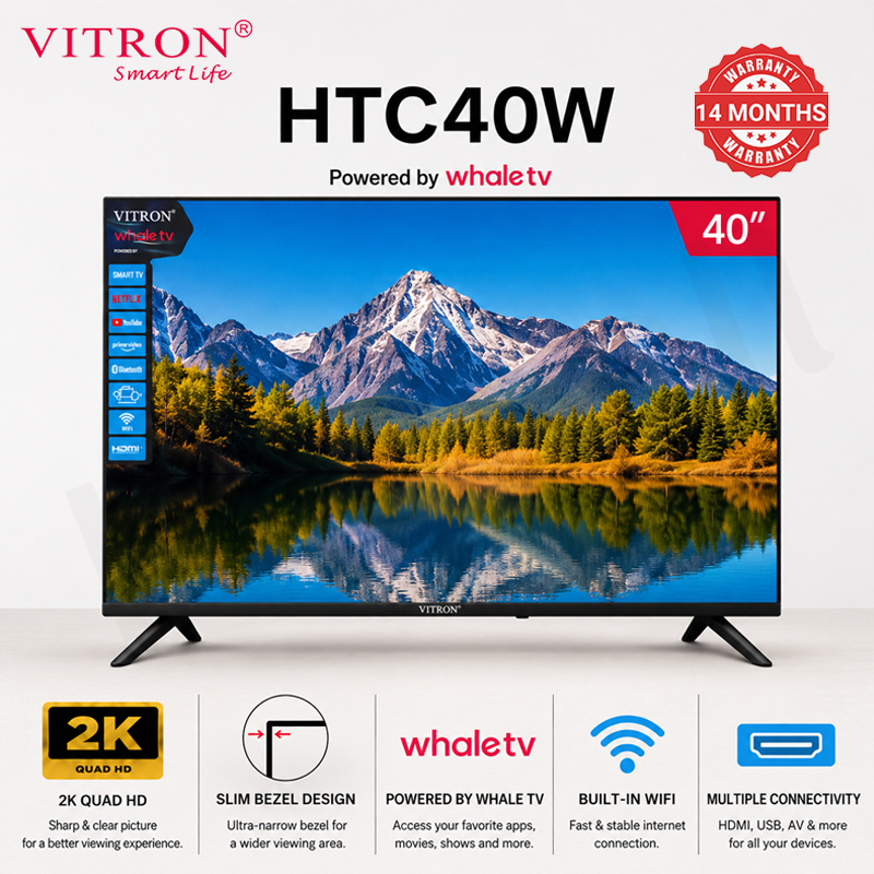 Vitron 40 Inch Smart TV 2K QUAD HD LED TV HTC40W WIFI Enabled Bluetooth Connectivity Frameless Television Smart Whale OS TV with Netflix, Youtube, Icast Screen Mirroring