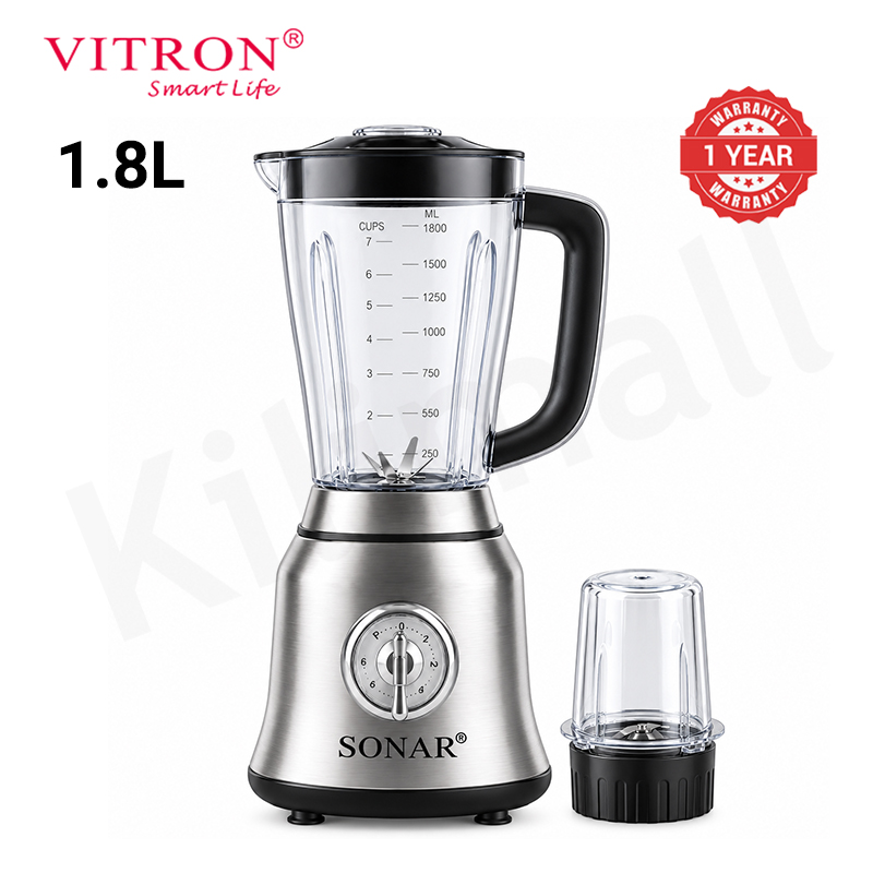 Sonar 1.8L Stainless Steel Blender 2 In 1 Countertop Blender Fruit Juicer 6 Blades with Grinding Cup Safety Inner-Lock NX-2/3