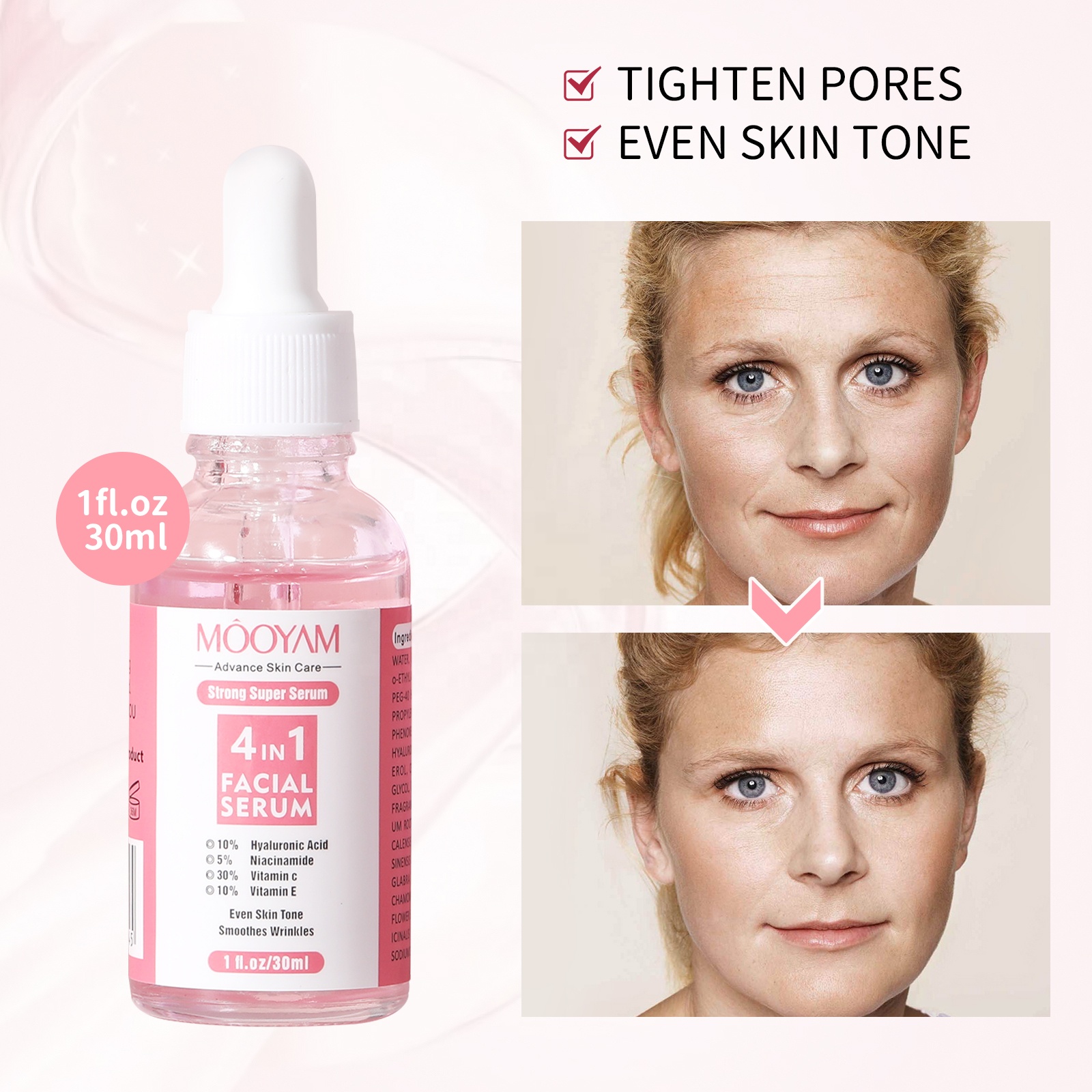 MOOYAM 4 in 1 Serum with  Niacinamide, Vitamin C, Hyaluronic Acid, Vitamin E Face Brightening Serum, Anti Acne, Moisturizing, Anti Wrinkles, Anti Ageing, smooth wrinkles, evens facial skin tone