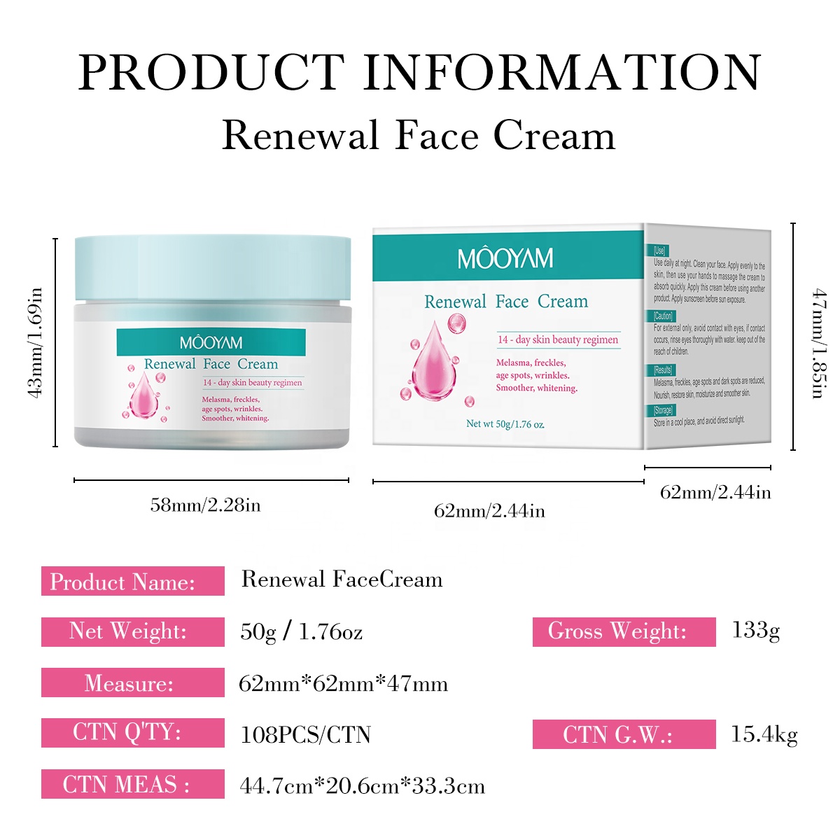MOOYAM Renewal Face Cream for Melasma and Freckles Treatment, Age Spots Brightening, Anti-wrinkle, Smoother and Whitening Face Cream Renewal Facial Cream