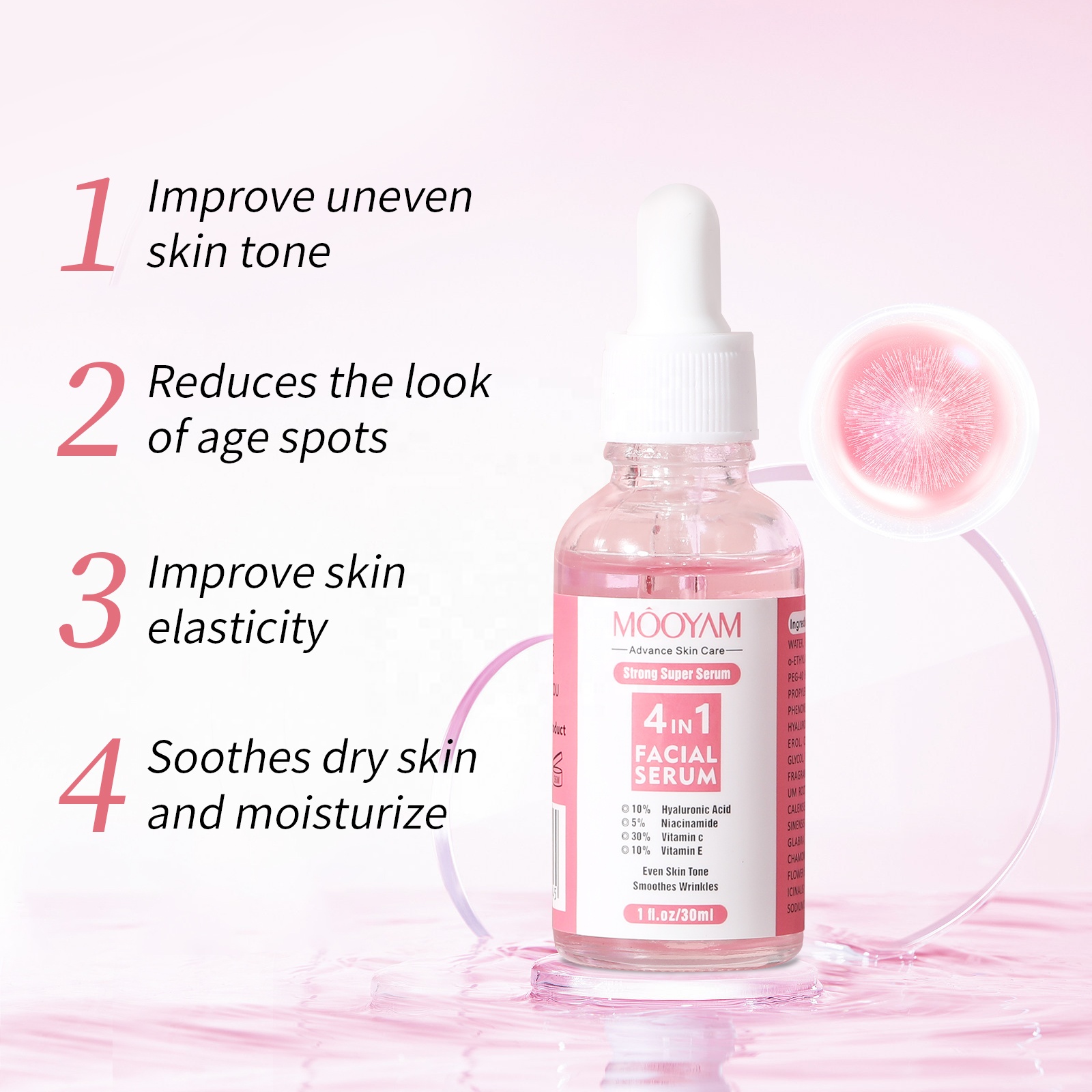 MOOYAM 4 in 1 Serum with  Niacinamide, Vitamin C, Hyaluronic Acid, Vitamin E Face Brightening Serum, Anti Acne, Moisturizing, Anti Wrinkles, Anti Ageing, smooth wrinkles, evens facial skin tone