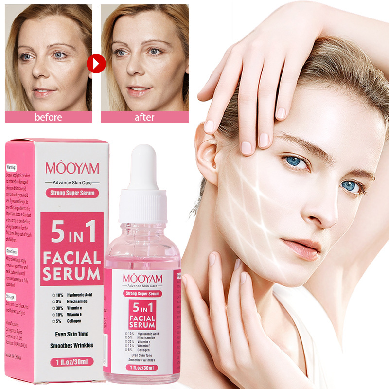MOOYAM 5 in 1 Serum with  Niacinamide, Vitamin C, Hyaluronic Acid, Vitamin E, Collagen Face Brightening Serum, Anti Acne, Moisturizing, Anti Wrinkles, Ageing, smooth wrinkles, evens facial skin tone