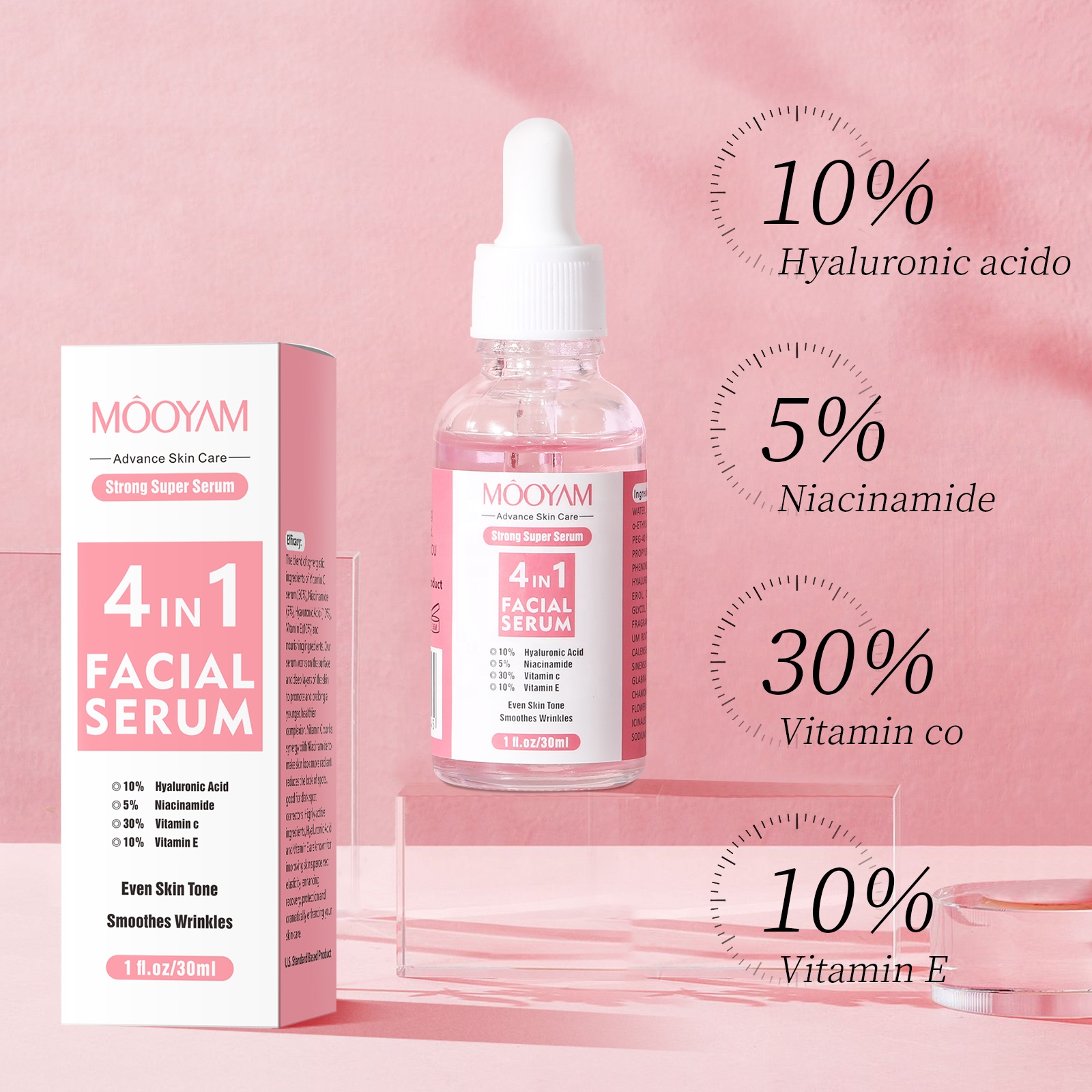 MOOYAM 4 in 1 Serum with  Niacinamide, Vitamin C, Hyaluronic Acid, Vitamin E Face Brightening Serum, Anti Acne, Moisturizing, Anti Wrinkles, Anti Ageing, smooth wrinkles, evens facial skin tone