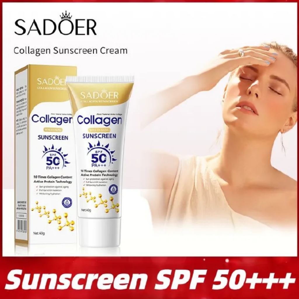 SADOER Collagen Sunscreen SPF 50 – Broad Spectrum UVA/UVB Protection with Active Protein & Collagen – Lightweight, Hydrating, Anti-Aging Formula – 40g