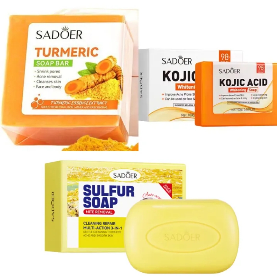 Sadoer 3 Pieces Soap, Sulfur Mite Removal Soap + Kojic Acid Soap + Turmeric Anti Acnes Soap Tumeric Soap, Eliminate Acne, Smoothen Skin, Shrink Pores, Gentle Cleansing