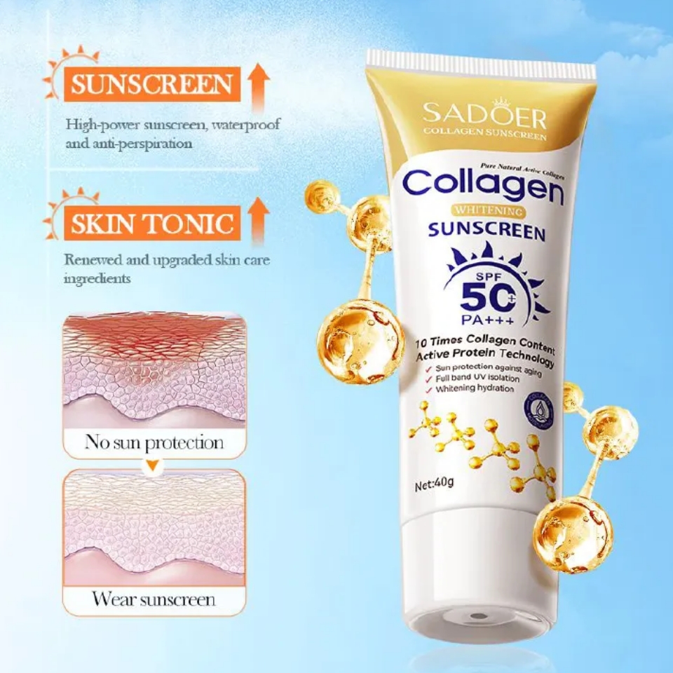 SADOER Collagen Sunscreen SPF 50 – Broad Spectrum UVA/UVB Protection with Active Protein & Collagen – Lightweight, Hydrating, Anti-Aging Formula – 40g