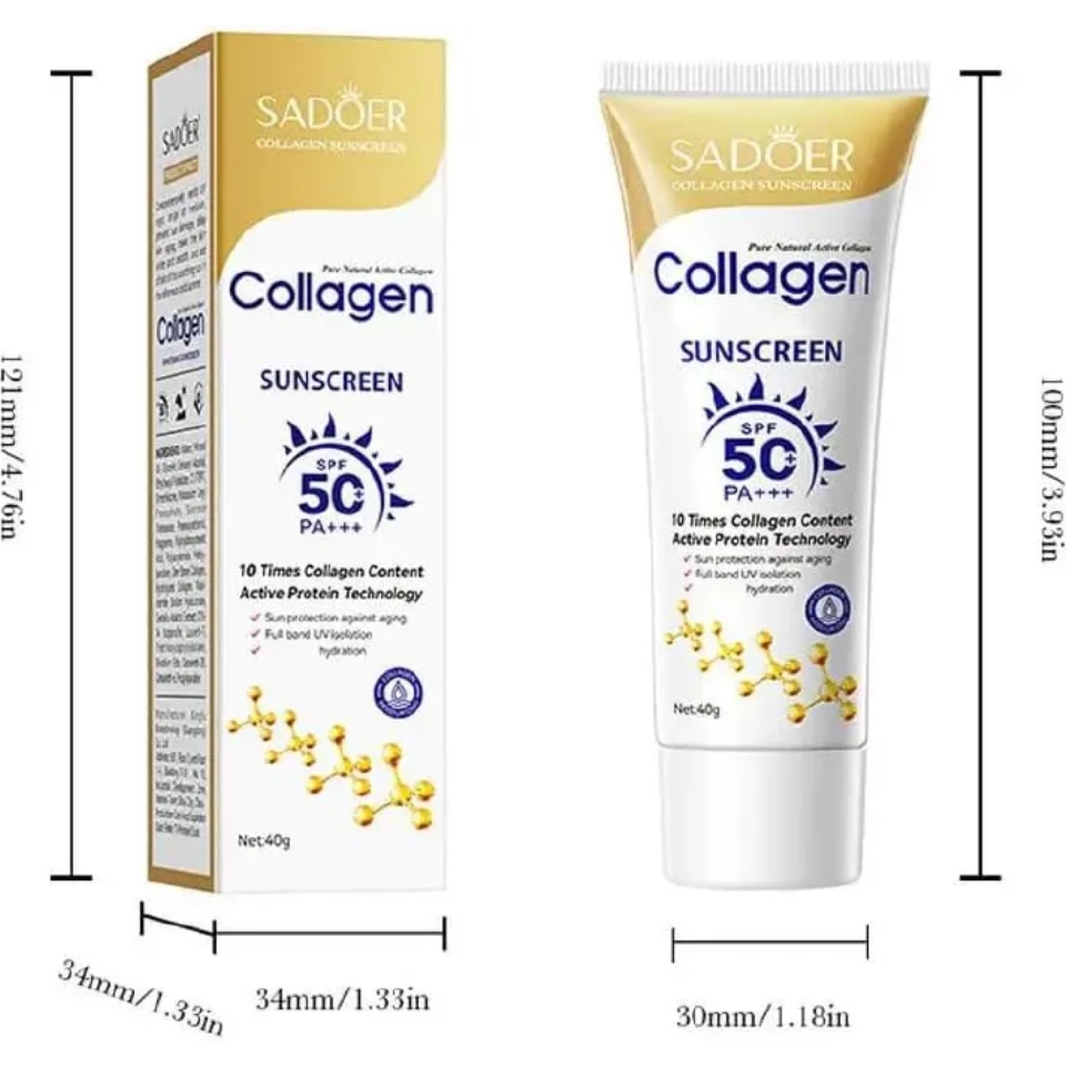 SADOER Collagen Sunscreen SPF 50 – Broad Spectrum UVA/UVB Protection with Active Protein & Collagen – Lightweight, Hydrating, Anti-Aging Formula – 40g