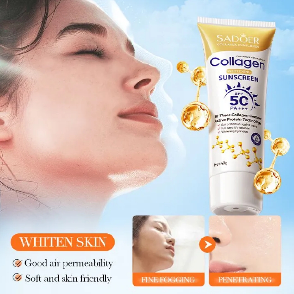 SADOER Collagen Sunscreen SPF 50 – Broad Spectrum UVA/UVB Protection with Active Protein & Collagen – Lightweight, Hydrating, Anti-Aging Formula – 40g