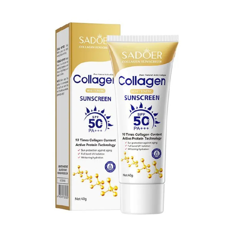 SADOER Collagen Sunscreen SPF 50 – Broad Spectrum UVA/UVB Protection with Active Protein & Collagen – Lightweight, Hydrating, Anti-Aging Formula – 40g