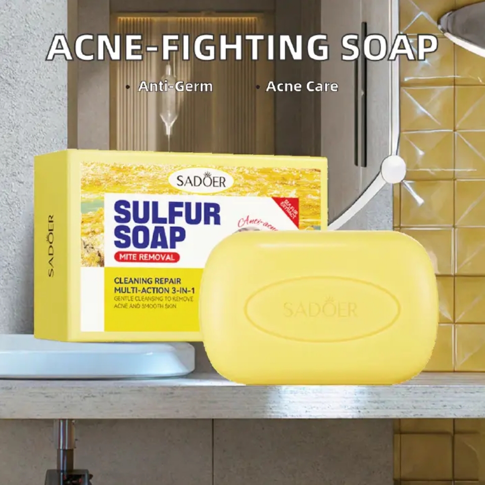 Sadoer 3 Pieces Soap, Sulfur Mite Removal Soap + Kojic Acid Soap + Turmeric Anti Acnes Soap Tumeric Soap, Eliminate Acne, Smoothen Skin, Shrink Pores, Gentle Cleansing