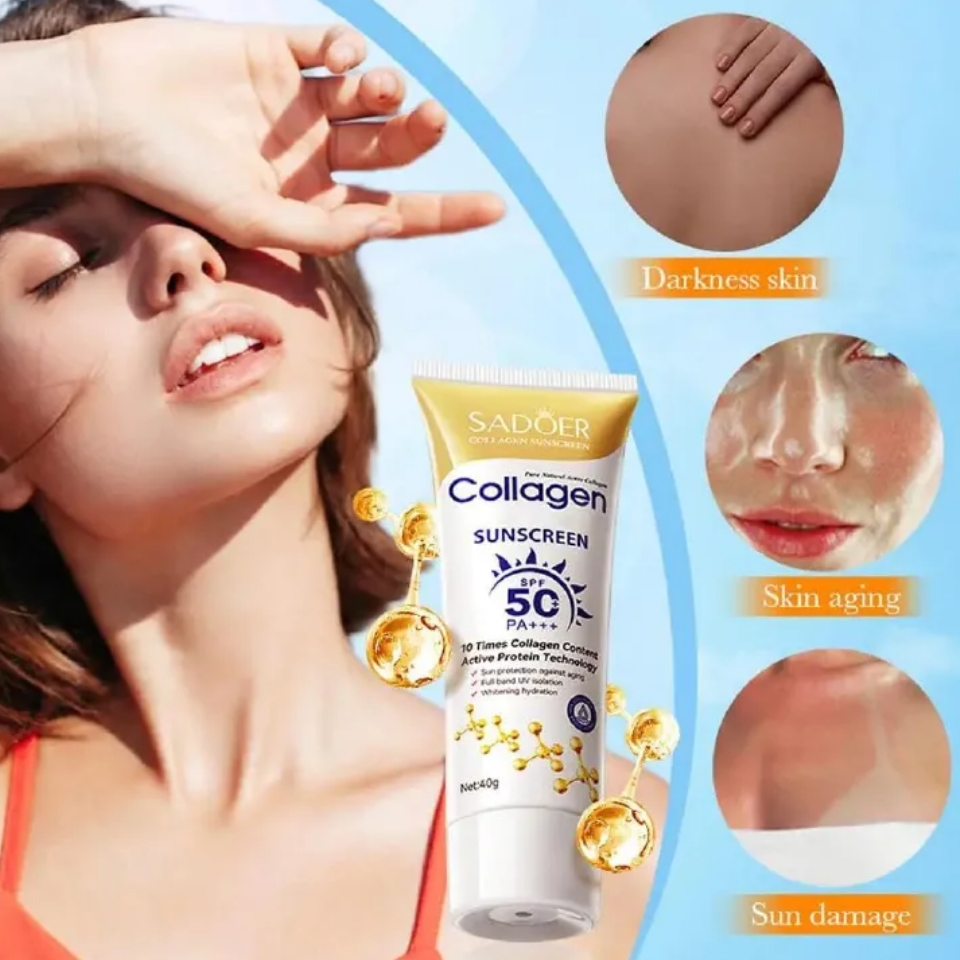 SADOER Collagen Sunscreen SPF 50 – Broad Spectrum UVA/UVB Protection with Active Protein & Collagen – Lightweight, Hydrating, Anti-Aging Formula – 40g