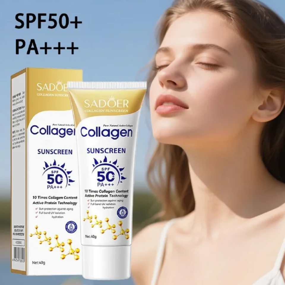 SADOER Collagen Sunscreen SPF 50 – Broad Spectrum UVA/UVB Protection with Active Protein & Collagen – Lightweight, Hydrating, Anti-Aging Formula – 40g