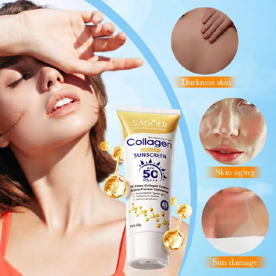 SADOER Collagen Sunscreen SPF 50 – Broad Spectrum UVA/UVB Protection with Active Protein & Collagen – Lightweight, Hydrating, Anti-Aging Formula – 40g