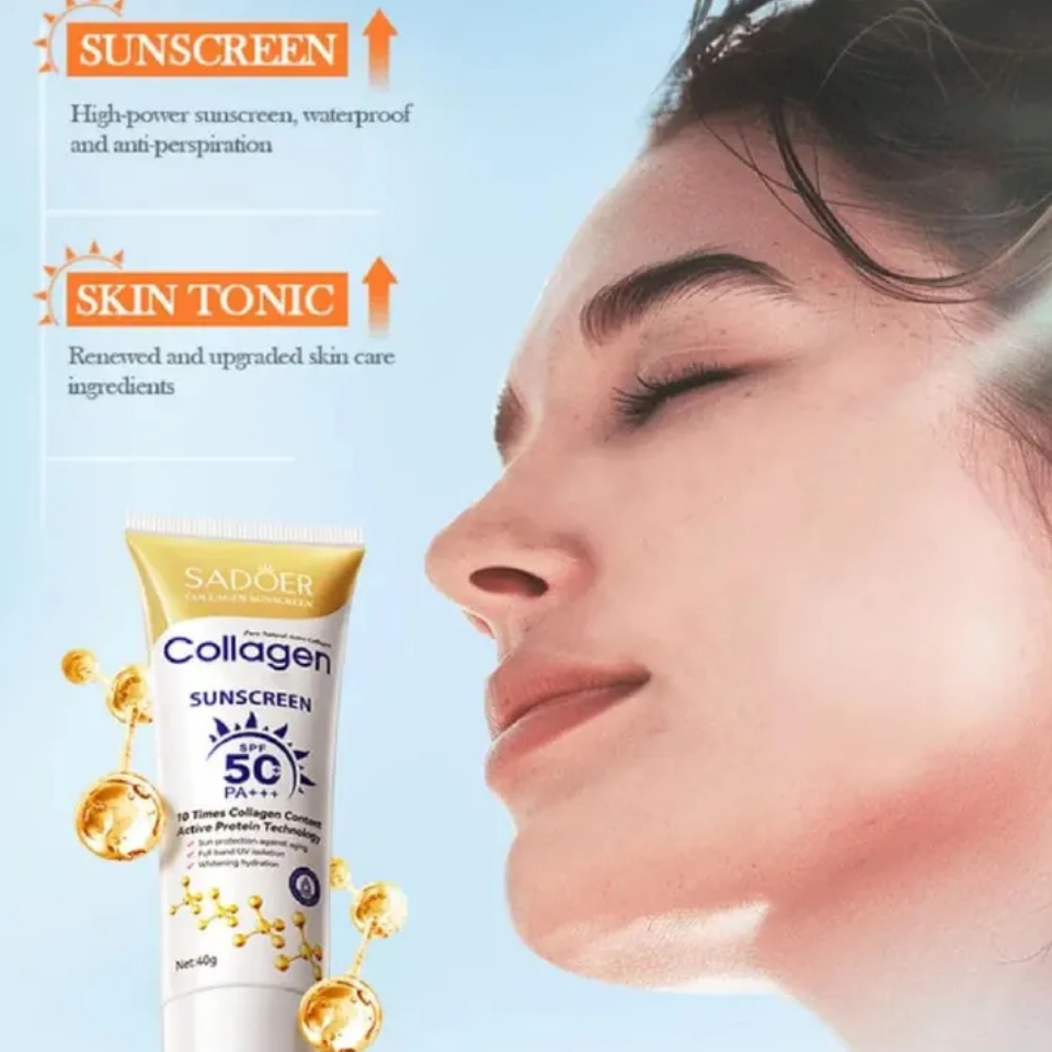 SADOER Collagen Sunscreen SPF 50 – Broad Spectrum UVA/UVB Protection with Active Protein & Collagen – Lightweight, Hydrating, Anti-Aging Formula – 40g