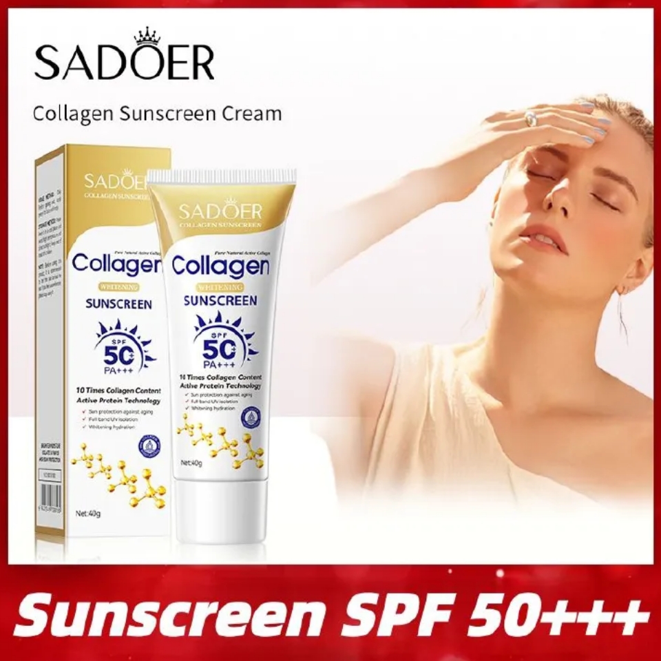 SADOER Collagen Sunscreen SPF 50 – Broad Spectrum UVA/UVB Protection with Active Protein & Collagen – Lightweight, Hydrating, Anti-Aging Formula – 40g