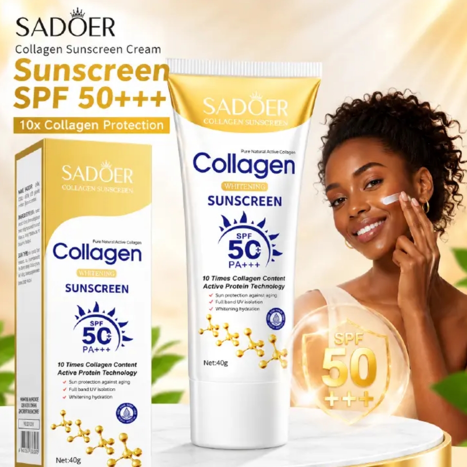 SADOER Collagen Sunscreen SPF 50 – Broad Spectrum UVA/UVB Protection with Active Protein & Collagen – Lightweight, Hydrating, Anti-Aging Formula – 40g